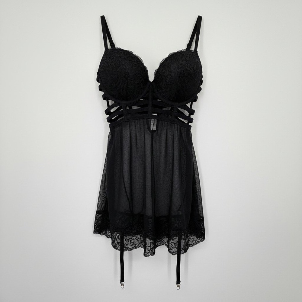 Rene Rofe Black Lace Mesh Chemise Medium Underwire Caged Garter Lingerie Slip